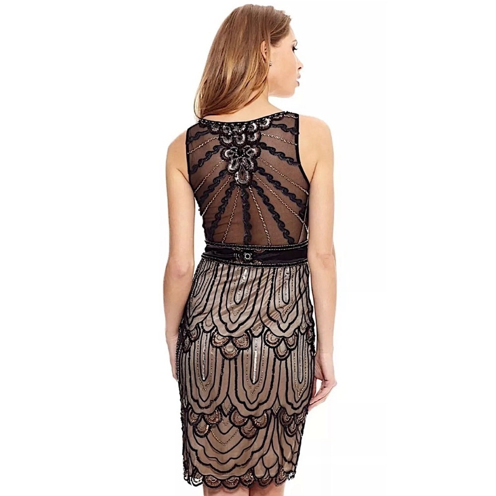 SUE WONG 2 Black Nude beaded sequin embellished cocktail party formal dress